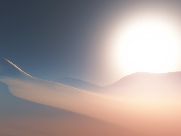 3D landscape of a hazy desert scene at sunset