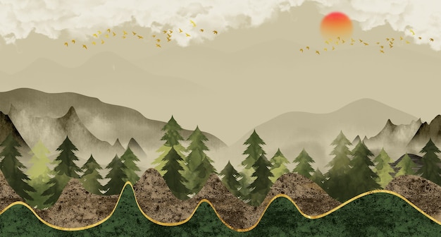 3​d​風景​壁紙​壁画​山​クリスマスツリー​空​鳥​と​明るい​背景​の​太陽