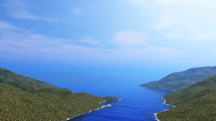 無料Photo 草の多い丘と海の3d風景