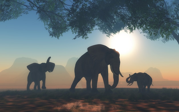 3d landscape with herd of elephants