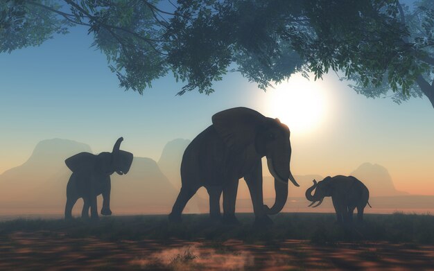 3D landscape with herd of elephants