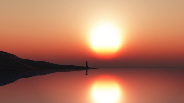 Paesaggio 3d con uomo in piedi sul bordo del mare contro un cielo al tramonto