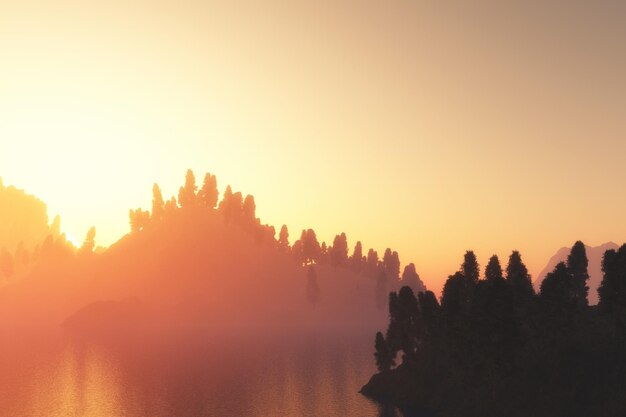 Foto gratuita paesaggio 3d con montagne e alberi contro un cielo al tramonto