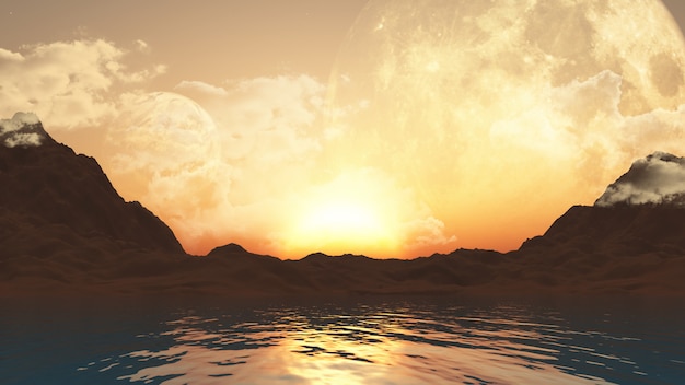 3D landscape with planets and ocean