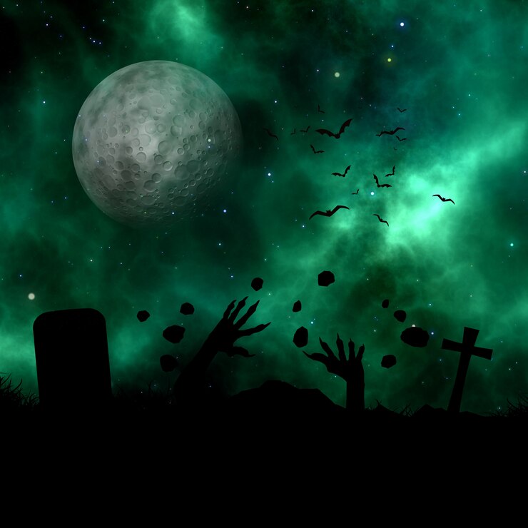 Free Photo 3d landscape with silhouette of zombie erupting out of the ground against a space sky