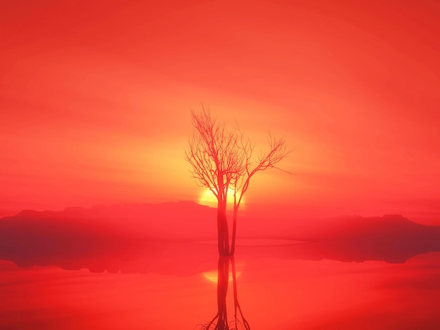 3D пейзаж с одиноким деревом на фоне закатного неба