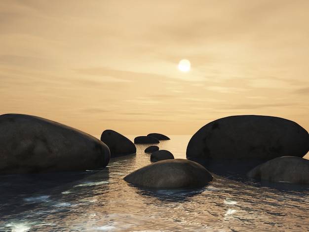 3D landscape with stepping stones in an ocean against a sunset sky