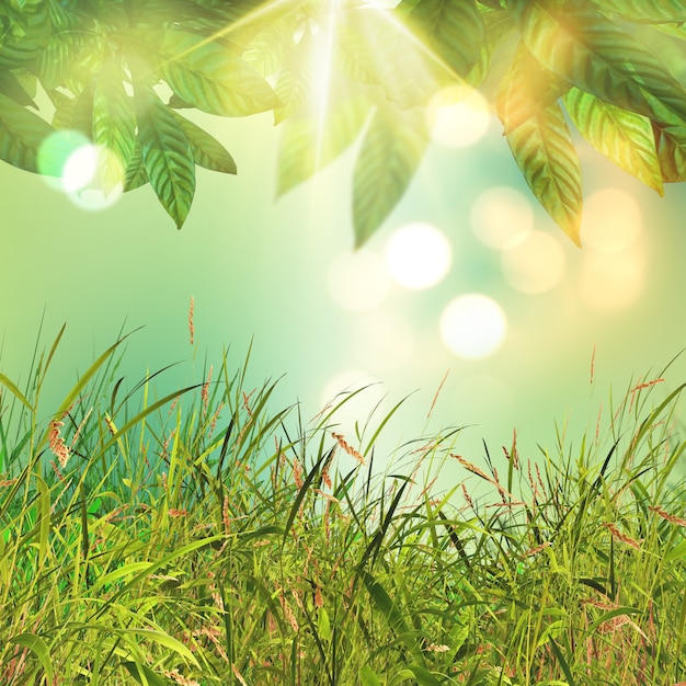 3D leaves and grass background