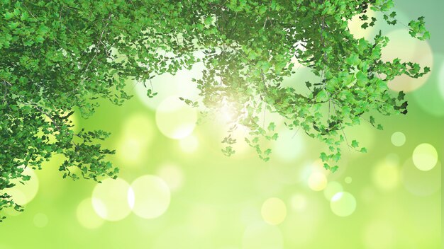 緑のボケ味の明るい風景を見渡す3Dの葉