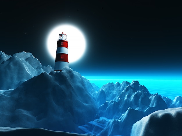 夜空に岩の崖の3D灯台
