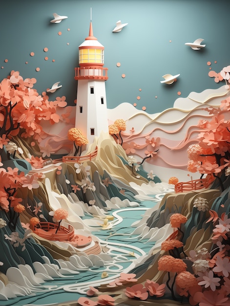 3d lighthouse with sea landscape