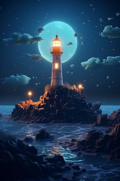 Free photo 3d lighthouse with sea landscape