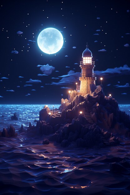 3Dの灯台と海風景