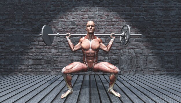 3D male figure in barbell squat pose in grunge interior