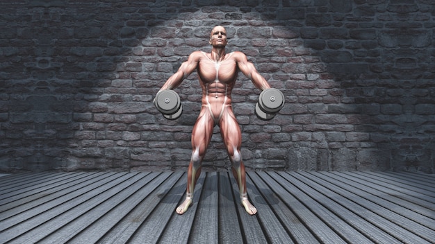 3D male figure in dumbbell shoulder shrugs raised pose in grunge interior