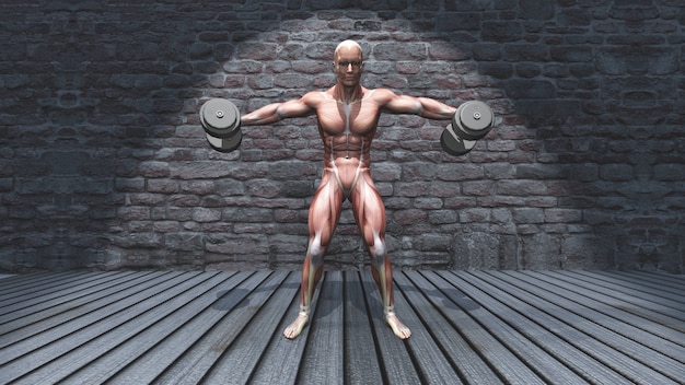 Free photo 3d male figure in dumbbell standing lateral raise raised arms pose
