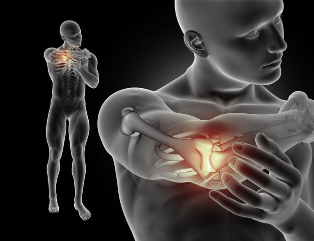 3D male figure holding elbow in pain