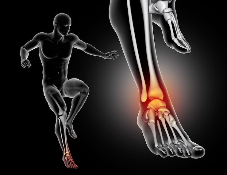 Free Photo 3d male figure landing on foot with ankle highlighted
