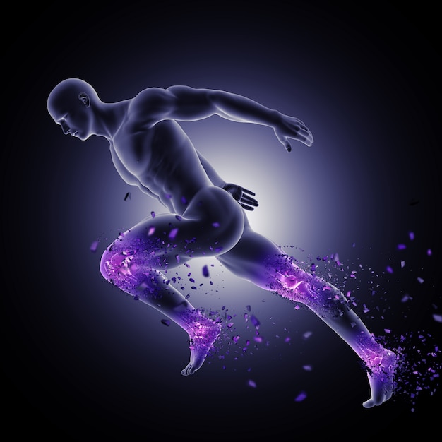 다리 관절이 강조 표시되고 산산조각이 나는 역주 포즈의 3D 남성 그림