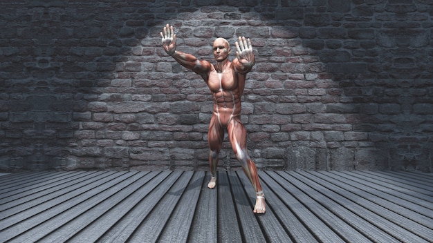 3D male figure in standing stretch pose in grunge interior