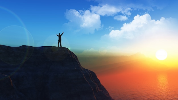 3D male figure on the top of a cliff with his arms raised in success