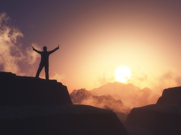 3D male figure with arms raised stood on mountain against sunset sky