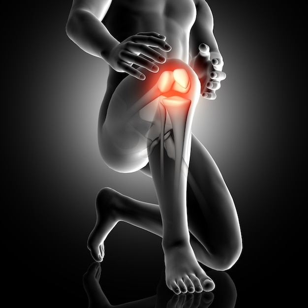 3D male figure with knee highlighted in pain