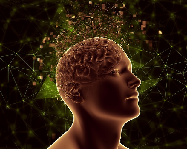 3d male figure with pixelated brain depicting mental health problems