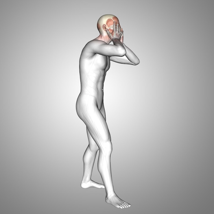 Бесплатный Фотография 3d мужская медицинская фигура, держащая голову с выделенными мышцами