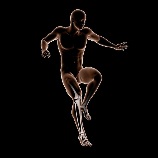 3d male medical figure jumping with leg bones highlighted
