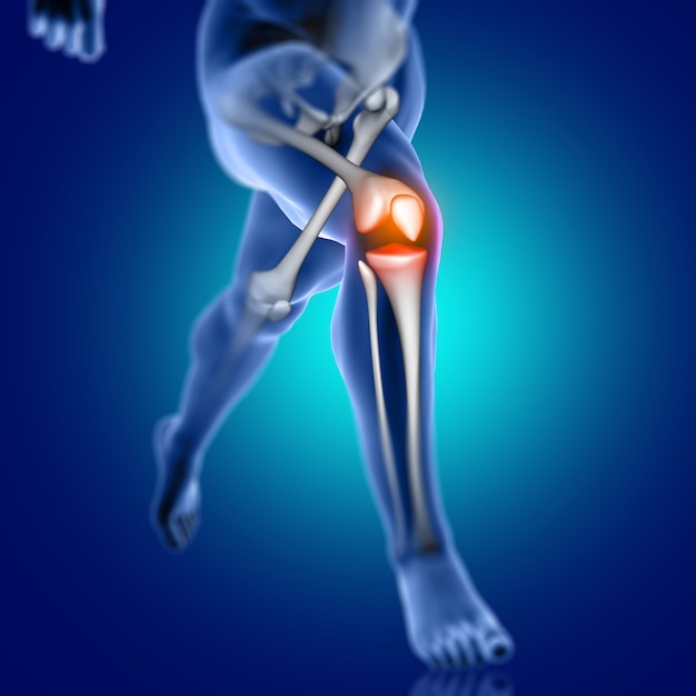 Foto gratuita figura medica maschio 3d che funziona con l'osso di ginocchio evidenziato