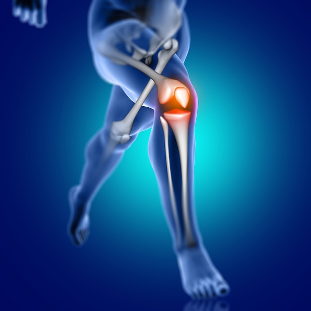 3D male medical figure running with knee bone highlighted