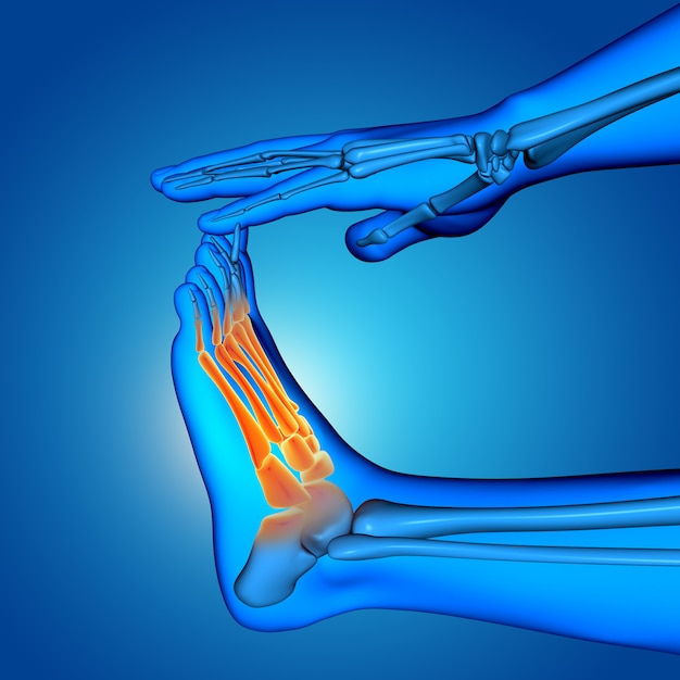 3d male medical figure with close up of foot with bones highlighted