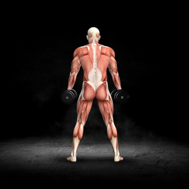 グランジ インテリアでダンベル肩をすくめるポーズで筋肉を持つ 3 D 男性の医療図