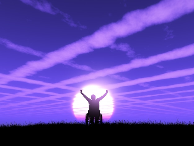 3D male in wheelchair with arms raised against a purple sunset landscape