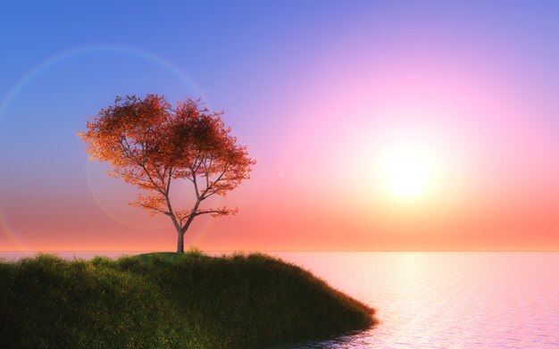 3D maple tree against a sunset sky