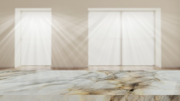 3D marble table against a defocussed room interior