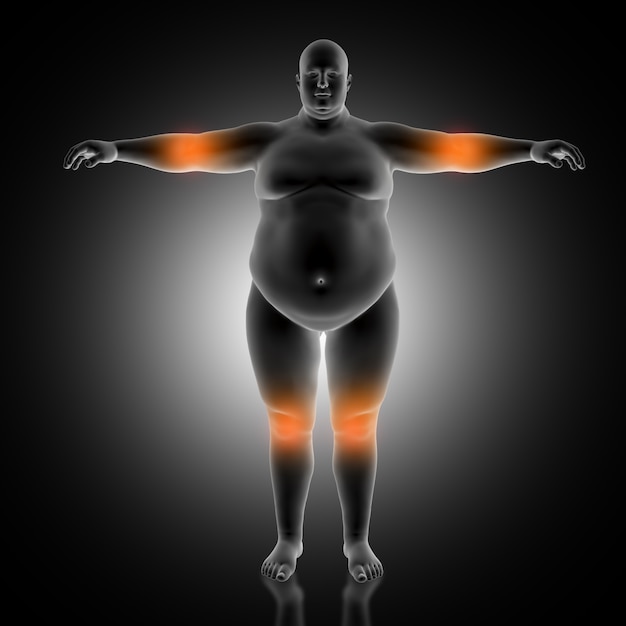 3D medical background of overweight male with elbow and knees highlighted