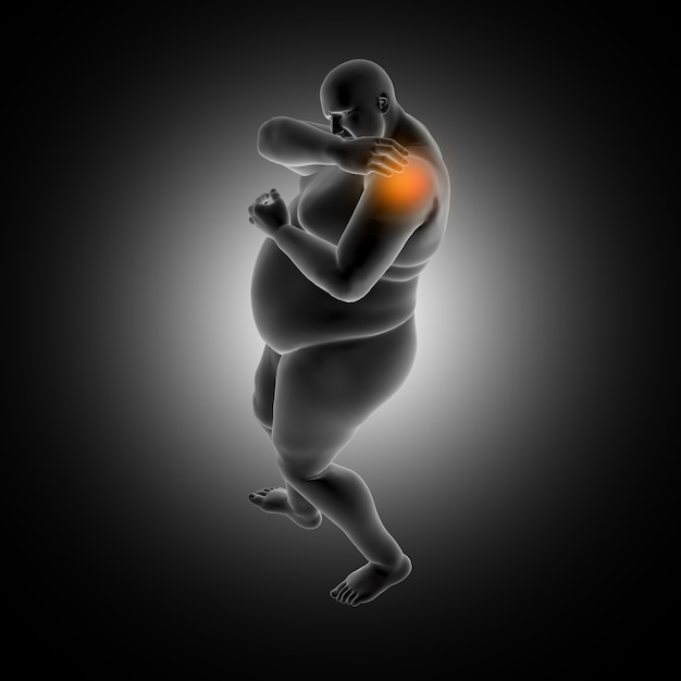 3D medical background of overweight man holding shoulder in pain
