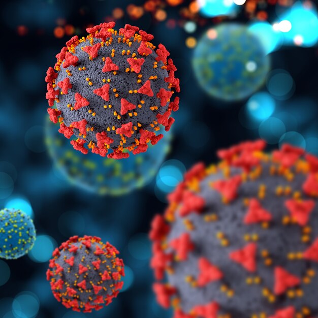 Covid 19 바이러스 세포와 3D 의료 배경