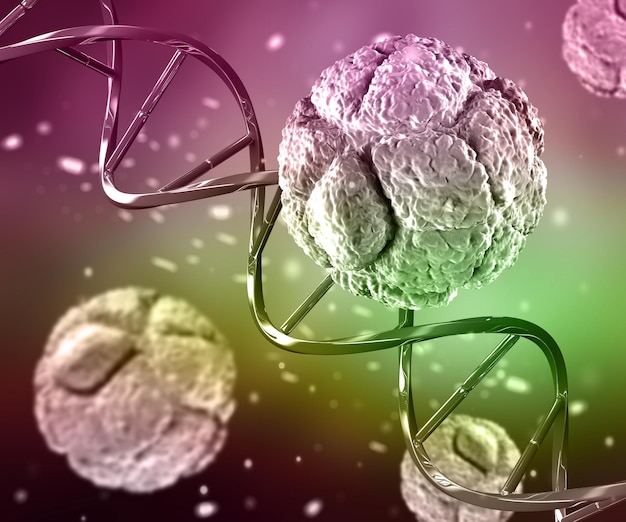 3D медицинский фон с ДНК-нитью и вирусными клетками