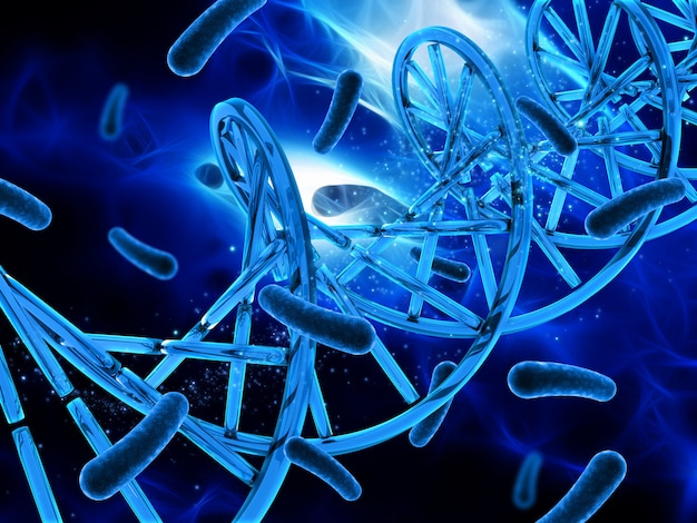 DNA 가닥과 바이러스 세포와 3D 의료 배경
