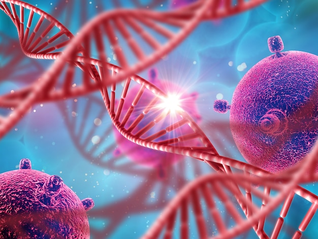 DNA 가닥과 바이러스 세포가있는 3D 의료 배경