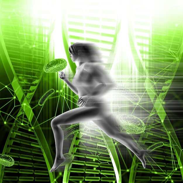 Free photo 3d medical background with female running fast on dna strands and virus cells