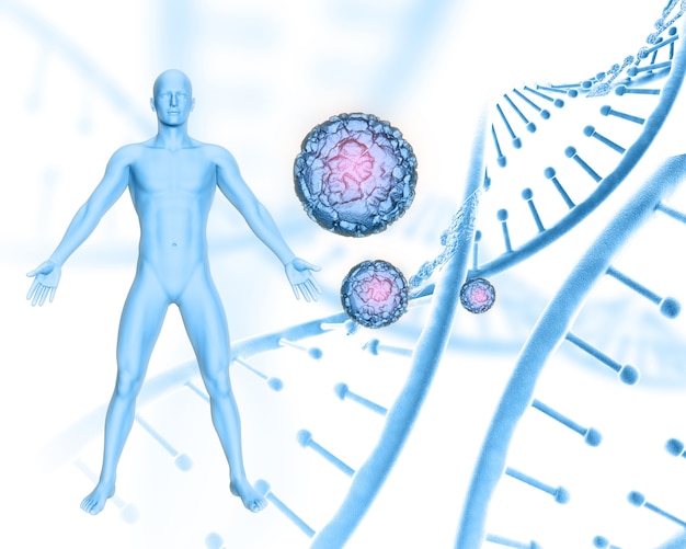 Sfondo medico 3d con figura maschile su filamenti di dna e cellule di virus