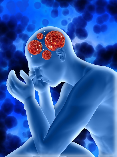 頭の中にウイルス細胞を示す男性の数字を持つ3D医療の背景