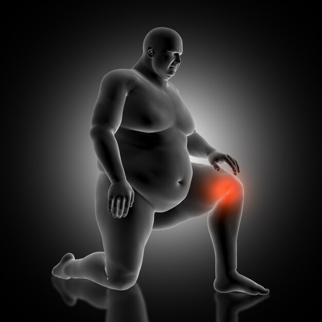 3D medical background with overweight male figure holding his knee in pain