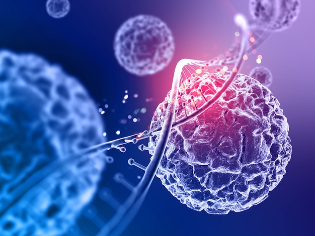 3d медицинский фон с вирусными клетками и ДНК-нитью