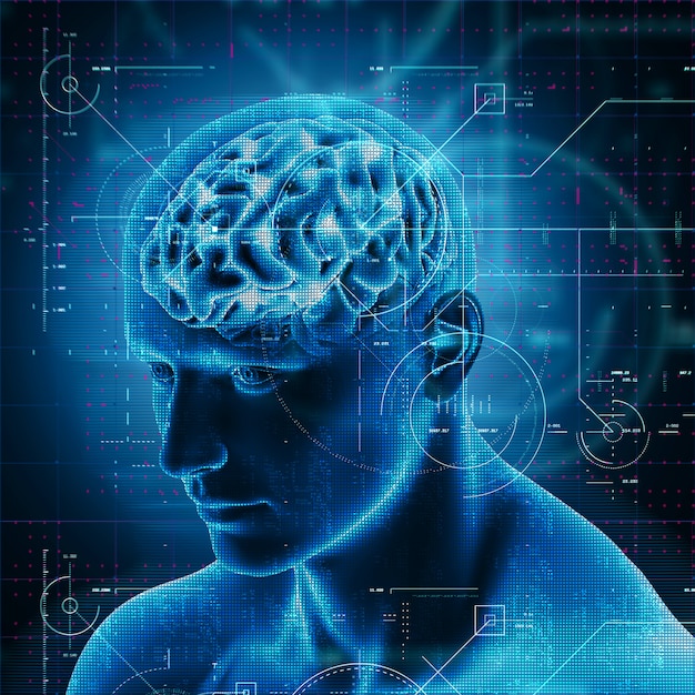 3d medical technology design over male figure with brain highlighted