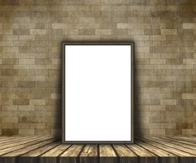 3d mock up of a blank picture on a wooden table against a brick wall